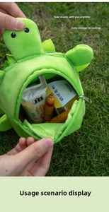 Detail view of plush turtle dog backpack showing spacious interior storage and zipper closure