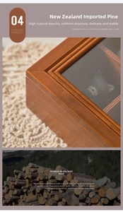Macro view of walnut finish pine wood storage box with glass window and natural texture