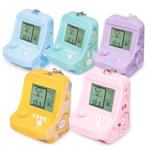 Mini retro arcade game keychains in five pastel colors with LCD screens and joysticks