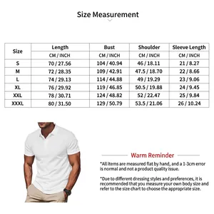 Detailed size chart for men's polo shirt with measurements in centimeters and inches