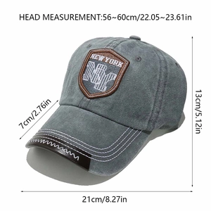 Detailed size specifications for washed dark grey NY embroidered cotton baseball cap