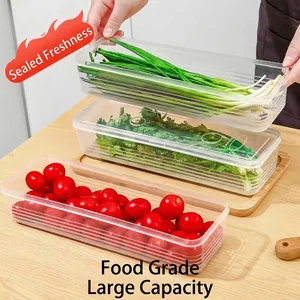 Clear rectangular plastic food storage containers for scallions and cherry tomatoes.