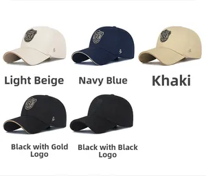 Detail view of five baseball caps with embroidered shield logos and metal buckle accents