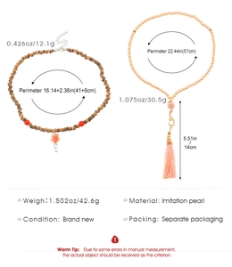 Detailed size measurement chart for beaded rose pendant and long pearl tassel necklaces