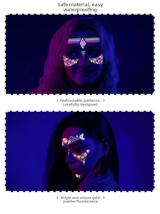 Glow-in-the-dark neon face tattoos with floral and leopard patterns under blacklight