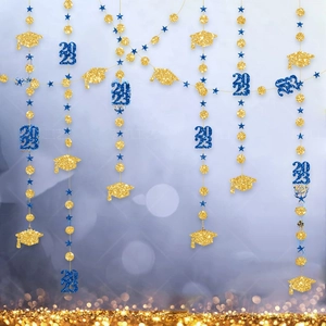Vertical blue and gold glitter graduation streamers with 2023 caps and stars