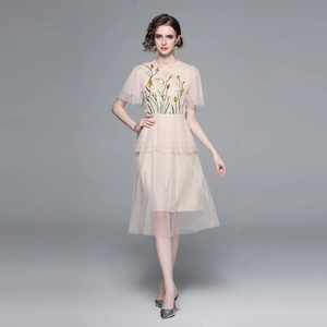 Elegant mesh embroidery dress with floral sequins and double-layered tiered skirt