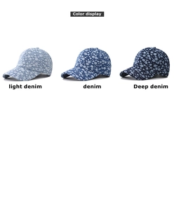 Three color options of denim baseball caps with floral print in light, blue, and deep denim