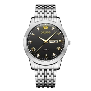 Detailed close-up of ORUSS men's quartz watch dial showing day-date display and gold accents