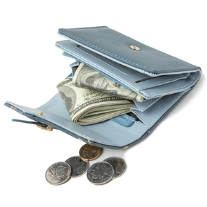 Three-fold women's wallet in foggy blue matte faux leather with multiple card slots