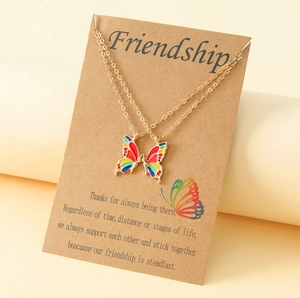 Friendship butterfly pendant necklace set with colorful oil drip finish on gold alloy chain