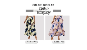Detail view of high-waist pleated maxi skirts in dark green and blue oil painting prints