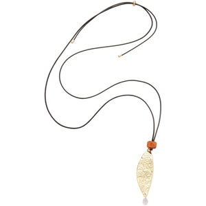 Minimalist leather necklace with gold leaf pendant, faceted bead and wooden bead detail