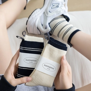 Set of striped cotton crew socks with vertical rib texture and heel loop detail
