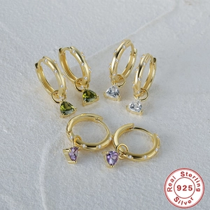 S925 sterling silver hoop earrings with heart-shaped colorful gemstones and zircons