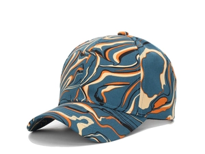 Close-up of colorful marble pattern print on modern polyester blend baseball cap