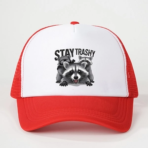 Red and white Stay Trashy trucker hat featuring cute raccoon graphic on front panel