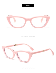 Detailed front and side view of pink cat-eye sunglasses with gold metal hinge accents