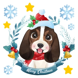 Close-up of Christmas beagle wall sticker with red hat and Merry Christmas banner