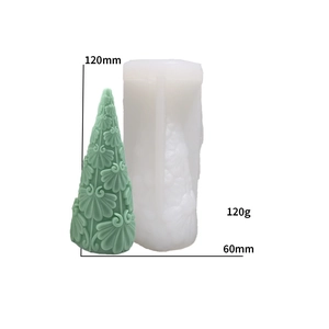Detail view of 120mm Christmas tree silicone mold with dimensions and finished resin candle