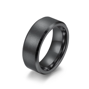 Brushed matte black tungsten steel ring with polished beveled edges minimalist style