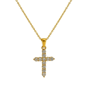 Close-up of gold-plated cross pendant necklace featuring brilliant pavé-set zircon stones