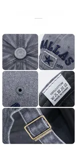 Detail view of washed cotton baseball cap with DALLAS 1841 embroidery and metal buckle