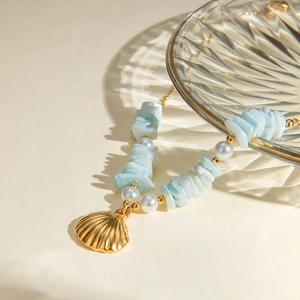 18k gold plated stainless steel necklace with mint green shell and white pearls
