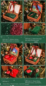 Close-up of Christmas rattan gift box with red bow and festive plush accessories inside