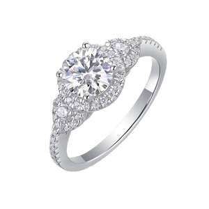 Classic S925 sterling silver halo ring featuring a round moissanite and micro-pave diamonds