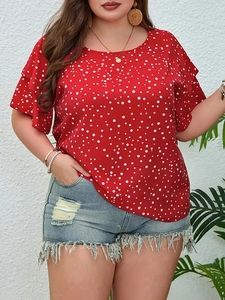 Plus size red polka dot top with ruffle sleeves and casual bohemian resort style look