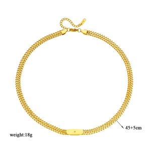Vintage gold double-row woven chain necklace with diamond rectangle pendant for women