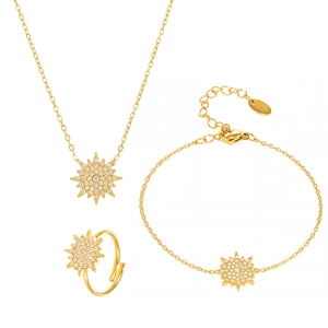 Golden sunburst jewelry set with necklace bracelet and ring in polished stainless steel