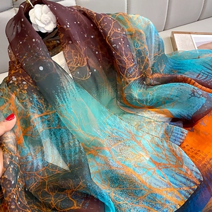 Lightweight forest print silk scarf shawl for sun protection in brown and blue