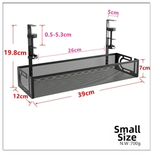 Small black metal mesh cable tray for desk with screw clamp mounting details
