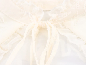 Close-up of the ruffled neckline with bow tie detail on a sheer Swiss dot blouse