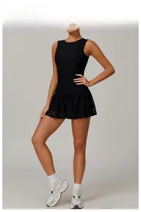 Detail of premium black lace texture and mesh stitching on the athletic running dress