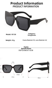 Detailed size chart for 95138 square oversized sunglasses with frame dimensions in mm