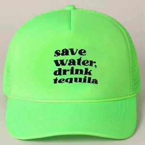 Detailed view of neon green trucker hat with Save Water Drink Tequila screen print