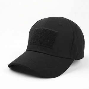 Close-up of black tactical baseball cap featuring ripstop fabric and front velcro panel