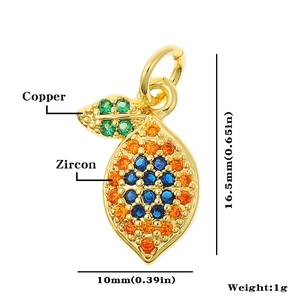 Detail view of mini fruit pendant with copper zircon inlays and dimensions markers