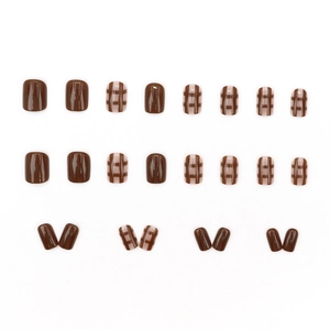 24pcs short square caramel brown plaid and solid glossy press-on nails set