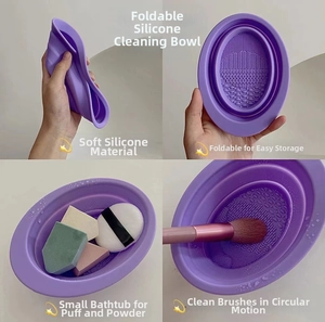 Detailed view of collapsible purple silicone bowl with diverse textures for brush cleaning
