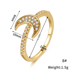 Detailed size specifications for gold celestial ring with moon and zircon measurements