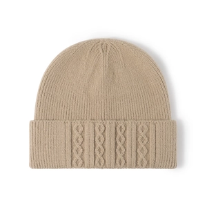 Chic beige cable knit winter beanie for women with ribbed texture and thick thermal fabric