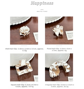 Detailed dimensions of marble brown acetate hair claws in various vintage shapes