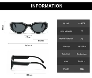 Detailed size chart and dimensions for oval cat-eye sunglasses with white trim