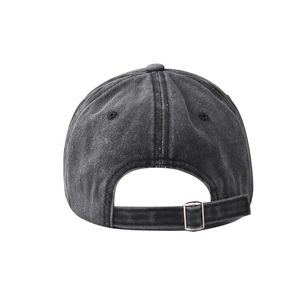 Detail view of adjustable metal buckle on charcoal grey washed cotton baseball cap