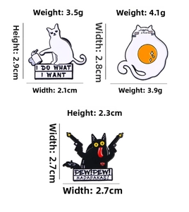 Detailed size and weight specs for funny cat enamel pins with humorous captions