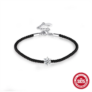 Classic S925 sterling silver black cord bracelet with a single sparkling zircon stone